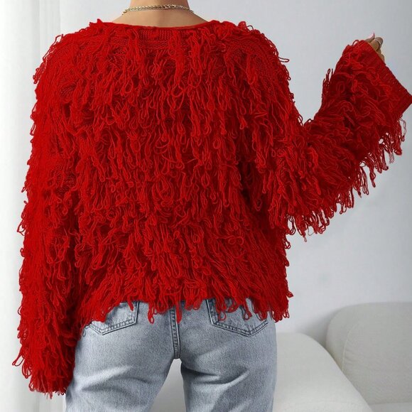 Red Casual Women's Fringe detailed Versatile Long Sleeve knit sweater Cardigan - Picture 2 of 6